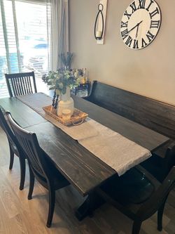 Dark Wood Dining Table with 4 chairs and a bench