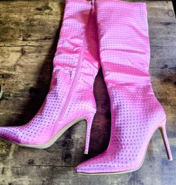 Pink Satin Rhinestone Stiletto  Boots