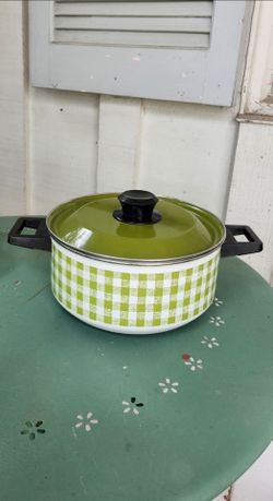 Vintage Enamel Saucepan w/ Green Gingham & Avacado Green Lid