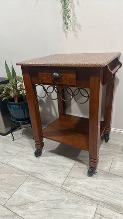 Oak Wine Storage Granite Top Kitchen Cart