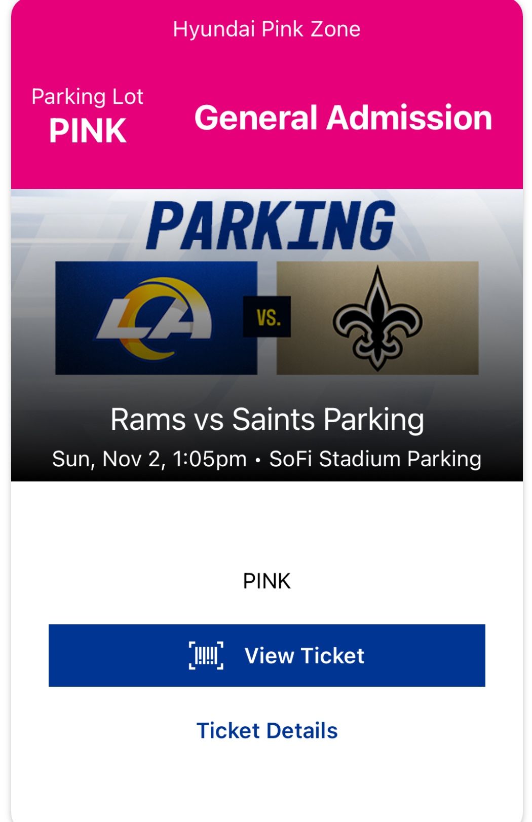 Tailgate Parking - Rams vs Saints - Pink Lot