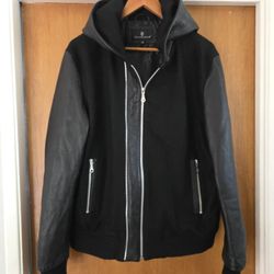 Men's Real Leather Jacket XL Slim Fit Wool Hoodie 