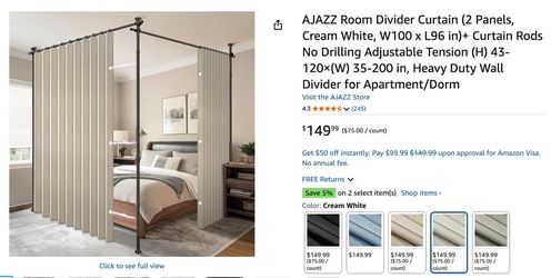 Room Divider Curtain with No-Drill Adjustable Tension Rods