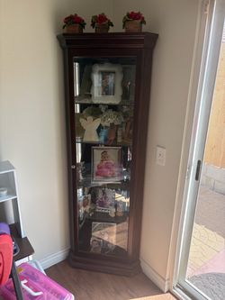 Cherry Wood Corner Curio Cabinet with Glass Door