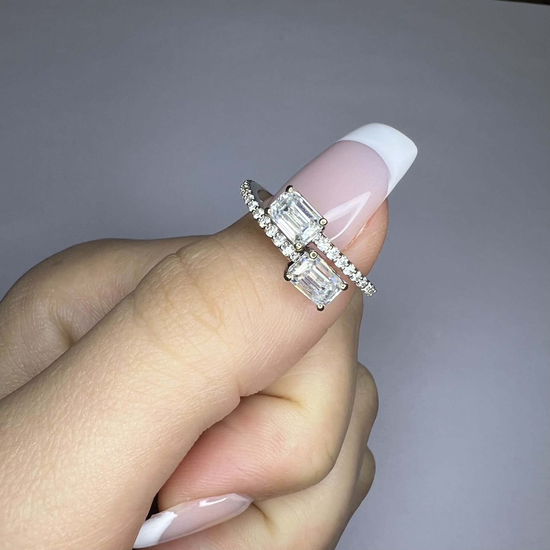 Two Stone Emerald Cut Ring | 10K White 6x4 mm Emerald Cut Ring | Engagement Ring