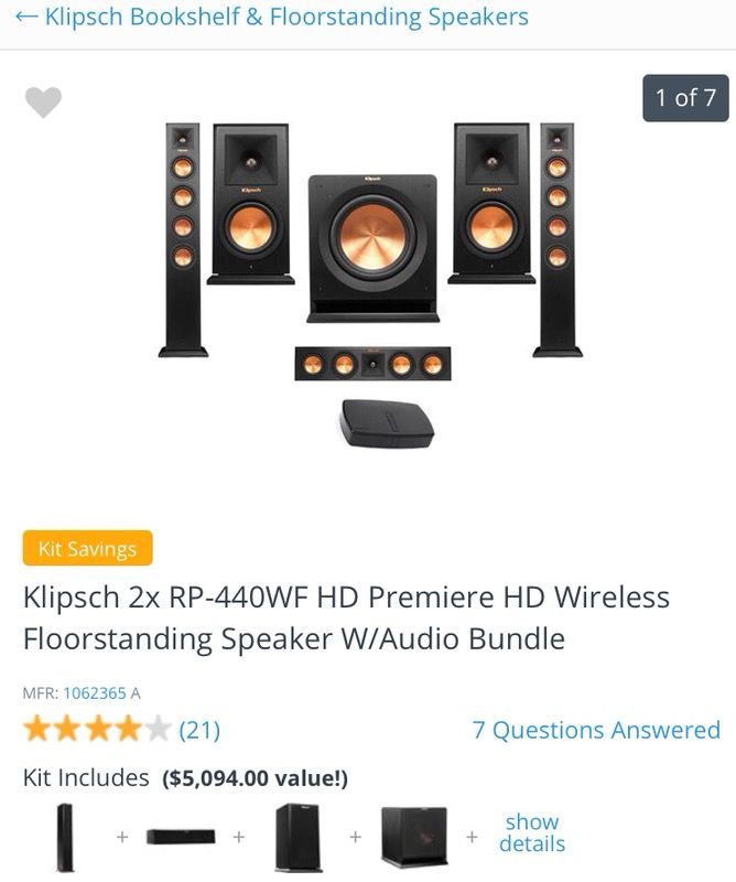Klipsch 2x RP-440WF HD Premiere HD Wireless Floorstanding Speaker W/Audio Bundle(5.1) -$1450