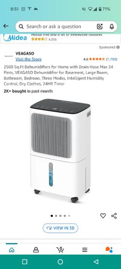 2500 Sq.Ft Dehumidifiers for Home with Drain Hose Max 34 Pints, VEAGASO Dehumidifier for Basement, Large Room, Bathroom, Bedroon, Three Modes, Intelli