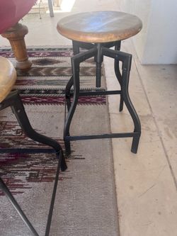 Wood and metal round adjustable industrial style stools (x2), OBO