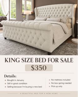 King Size Tufted Upholstered Sleigh Bed Frame