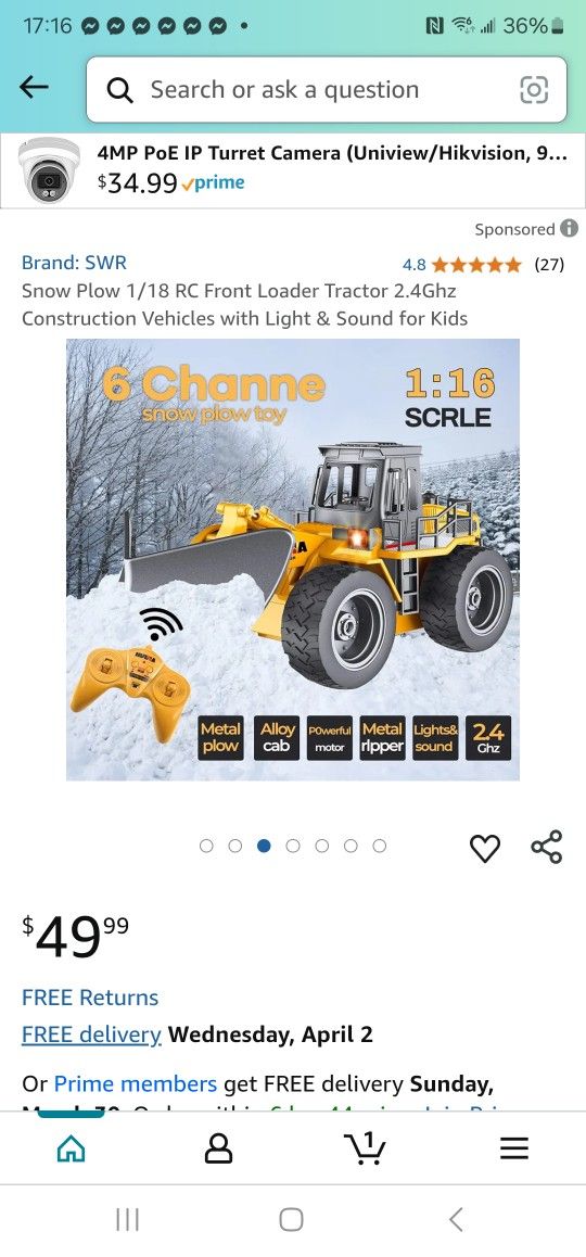 Snow Plow 1/18 RC Front Loader Tractor 2.4Ghz Construction Vehicles with Light & Sound for Kids