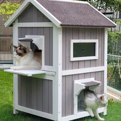 New Rockever Outdoor Cat House, 2 Story Outdoor Houses for Feral Cats Wooden Outside Cat Shelter Weatherproof with Escape Door