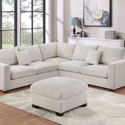Beige Sectional Sofa With Ottoman - Soft Corduroy Fabric