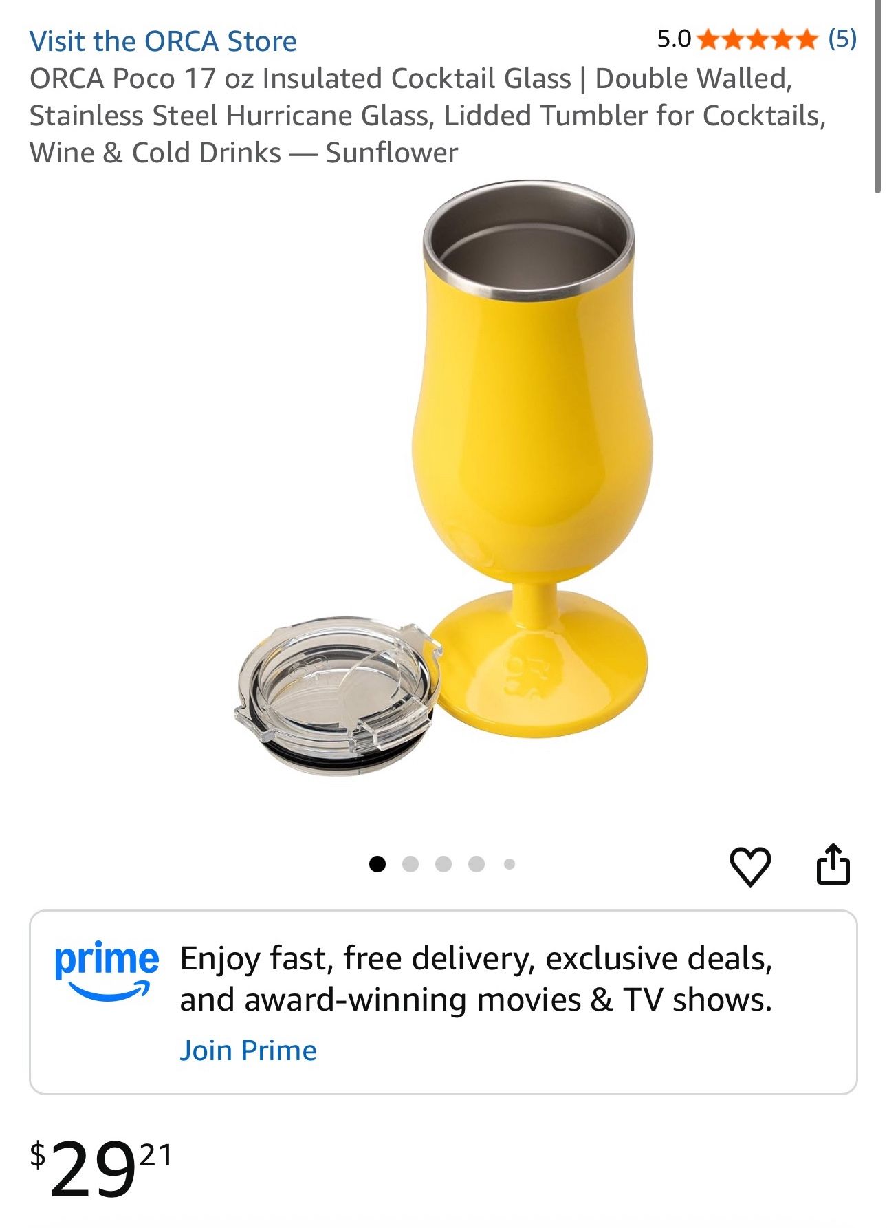 New with tag Orca Poco 17oz insulated cocktail glass double wall stainless steel hurricane cup