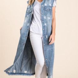Denim Vest Sleeveless Distressed 46” Length 
