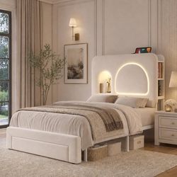 Twin Size Bed Frame for Girls with Storage Headboard & Charging Station, Beige Storage Cubbies for Bedtime Essentials, Built-In RGB LED Lights, Velvet