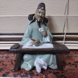 Chinese Poet Li Bai Porcelain Figurine Shiwan Ceramic Mudman Statue Asian Shekwan Green Brush Table Bonsai Figure MARKED 石灣 李白 Vintage 4.75"


