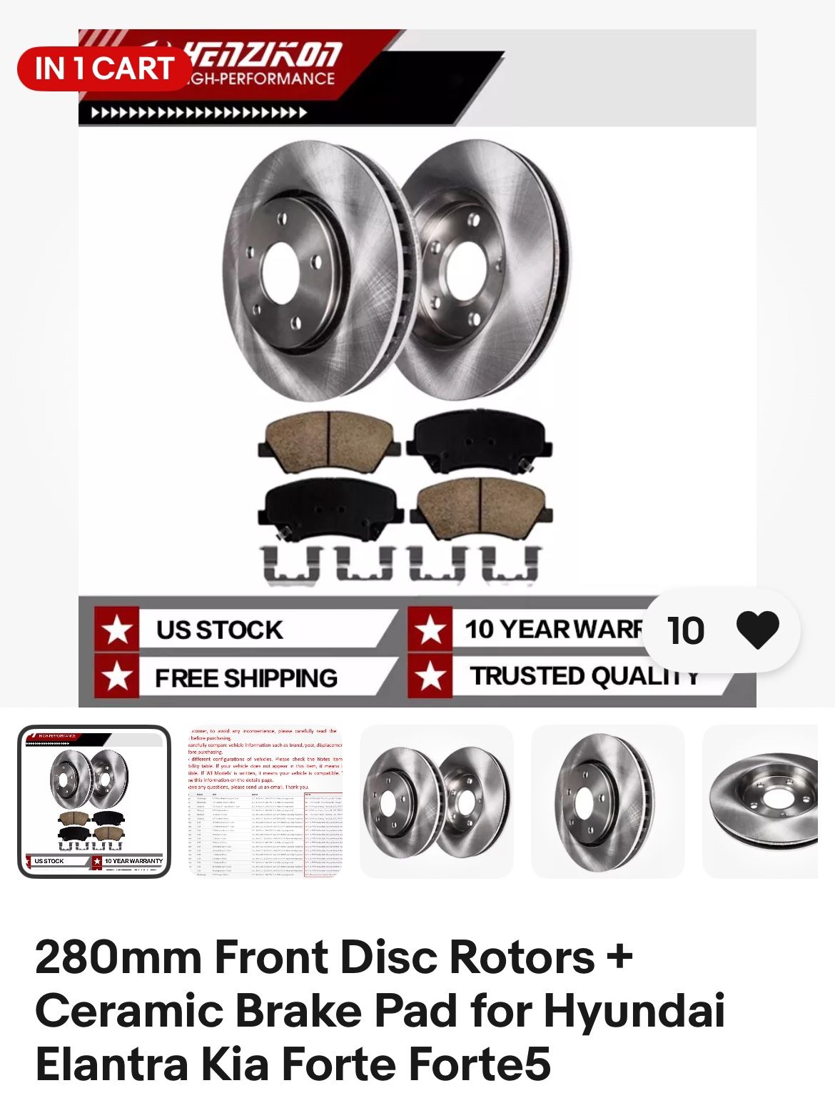 280mm Front Disc Rotors + Ceramic Brake Pad for Hyundai Elantra Kia Forte Forte5