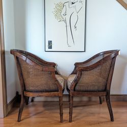 Vintage Pair of Mid Century Faux Bamboo Caned Back Hollywood Regency Chairs