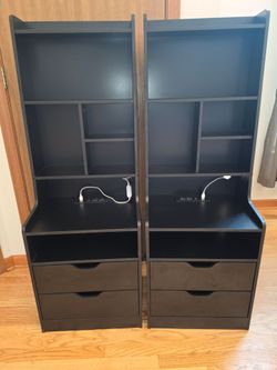 Black Bookcase with Drawers and Built-In Power Strip – Set of 2