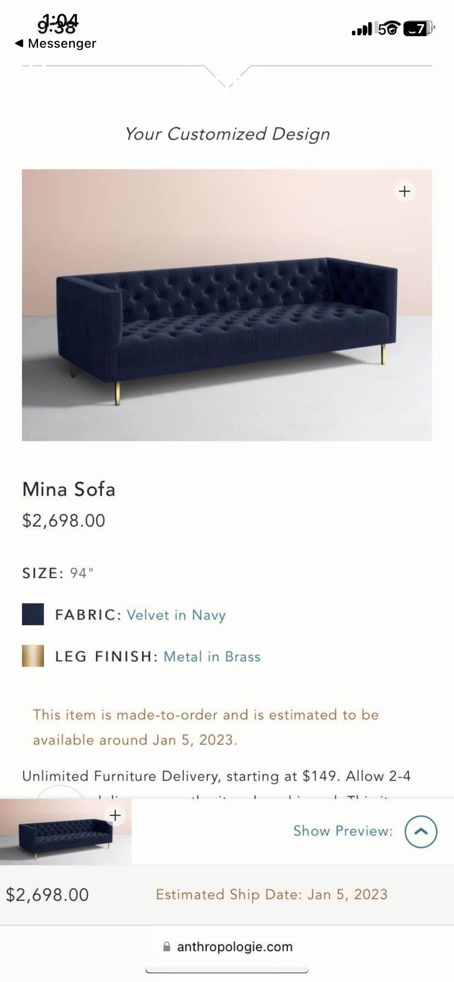Anthropologie Mina Sofa, 94 Inches Long, Sapphire Blue