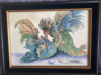 “Clash of Plumage” by Betty Wells-Pinos – 13x17 Framed Rooster Tile Painting