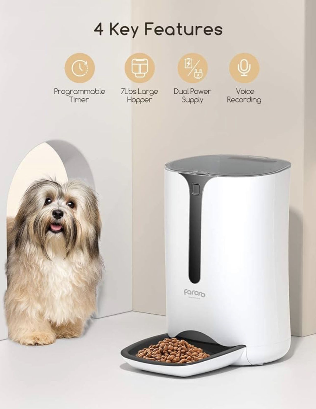 Automatic Cat Feeder, Faroro Dog Food Dispenser for Small Pets with Distribution Alarms, Portion Control, Voice Recorder and Programmable Timer for up