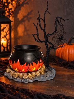 Halloween Witch Cauldron Figurine with Light-Up Flames