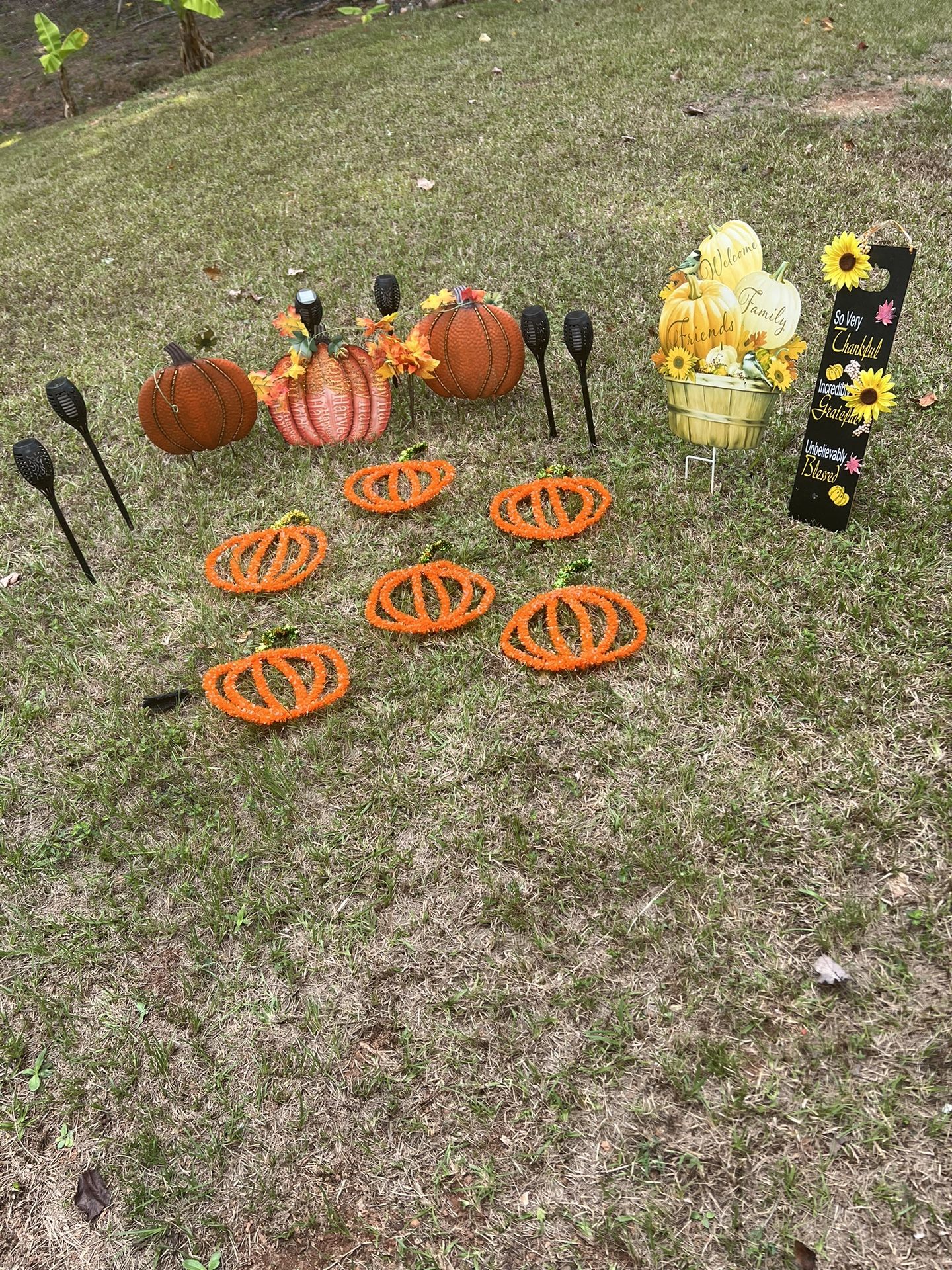 Fall Decor metal, and plastic pumpkins