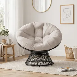 Swivel Papasan Chair — Black Wicker Base, Beige Cushion (Brand New) - K1BB