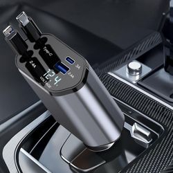 Crazytree Retractable Car Charger, 4 in 1 Fast Car Phone Charger 100W with Cord 2.6ft, Retractable Cable and 2 USB Ports Car Charger Adapter for iPhon