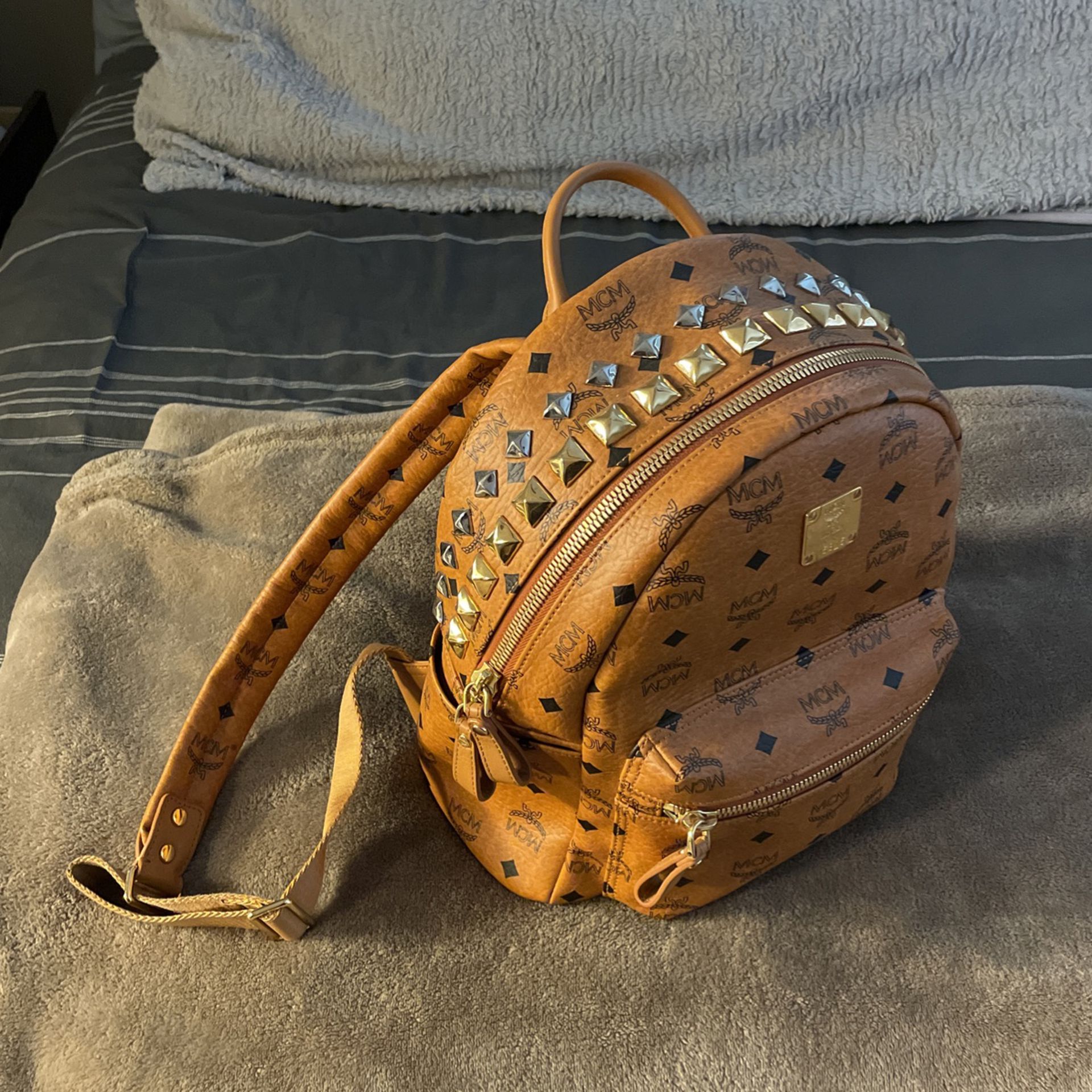 Mcm Backpack (Tan with Silver&Gold studs)