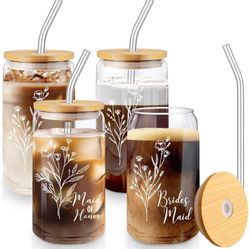 Layhit 4 Pcs Bridesmaid Gifts Bridesmaid Proposal Gifts 16 oz Glass Cups 16 oz Can Shaped Drinking Glasses with Bamboo Lids and Glass Straw, Iced Coff