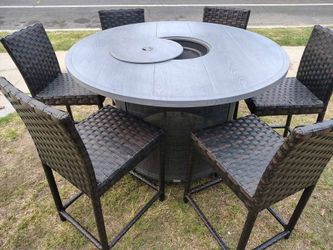 Outdoor patio counter height firepit table with 6 chairs