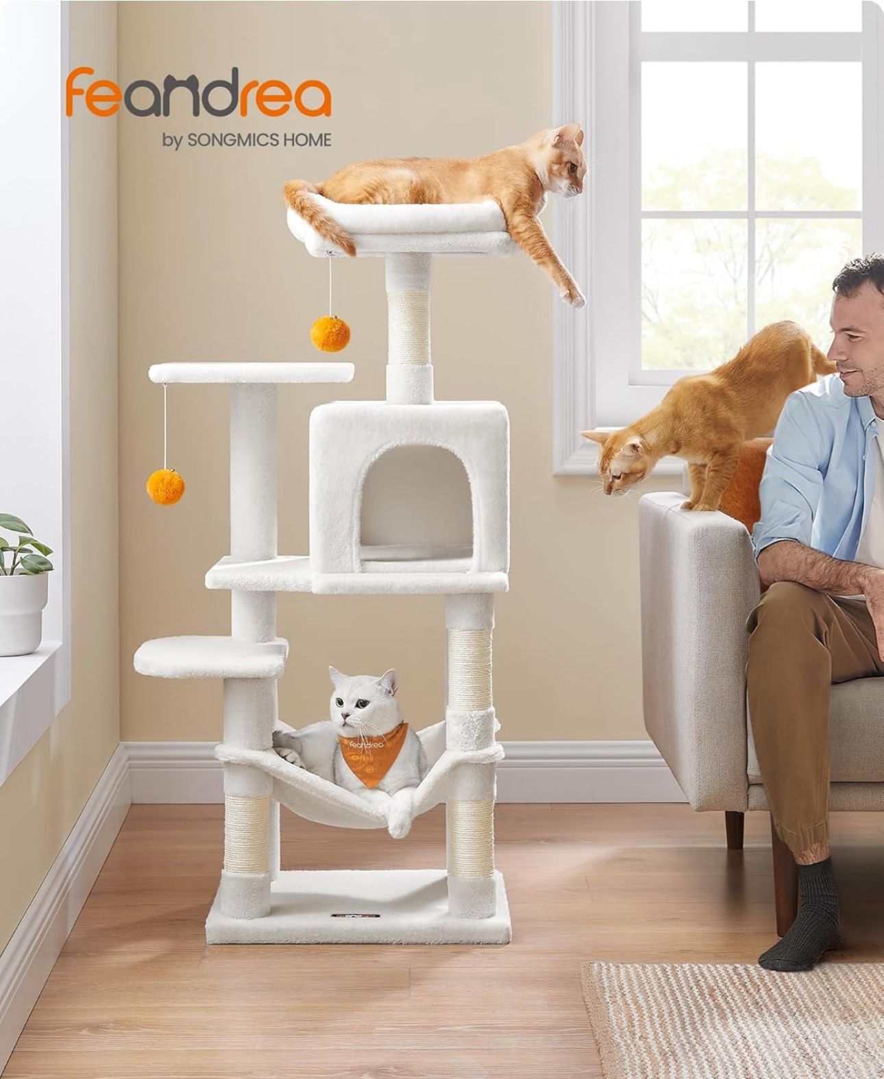 Feandrea Cat Tree, 44.1-Inch Cat Tower for Indoor Cats, Multi-Level Cat Condo with 4 Scratching Posts, 2 Perches, Hammock, Cave, Cream White