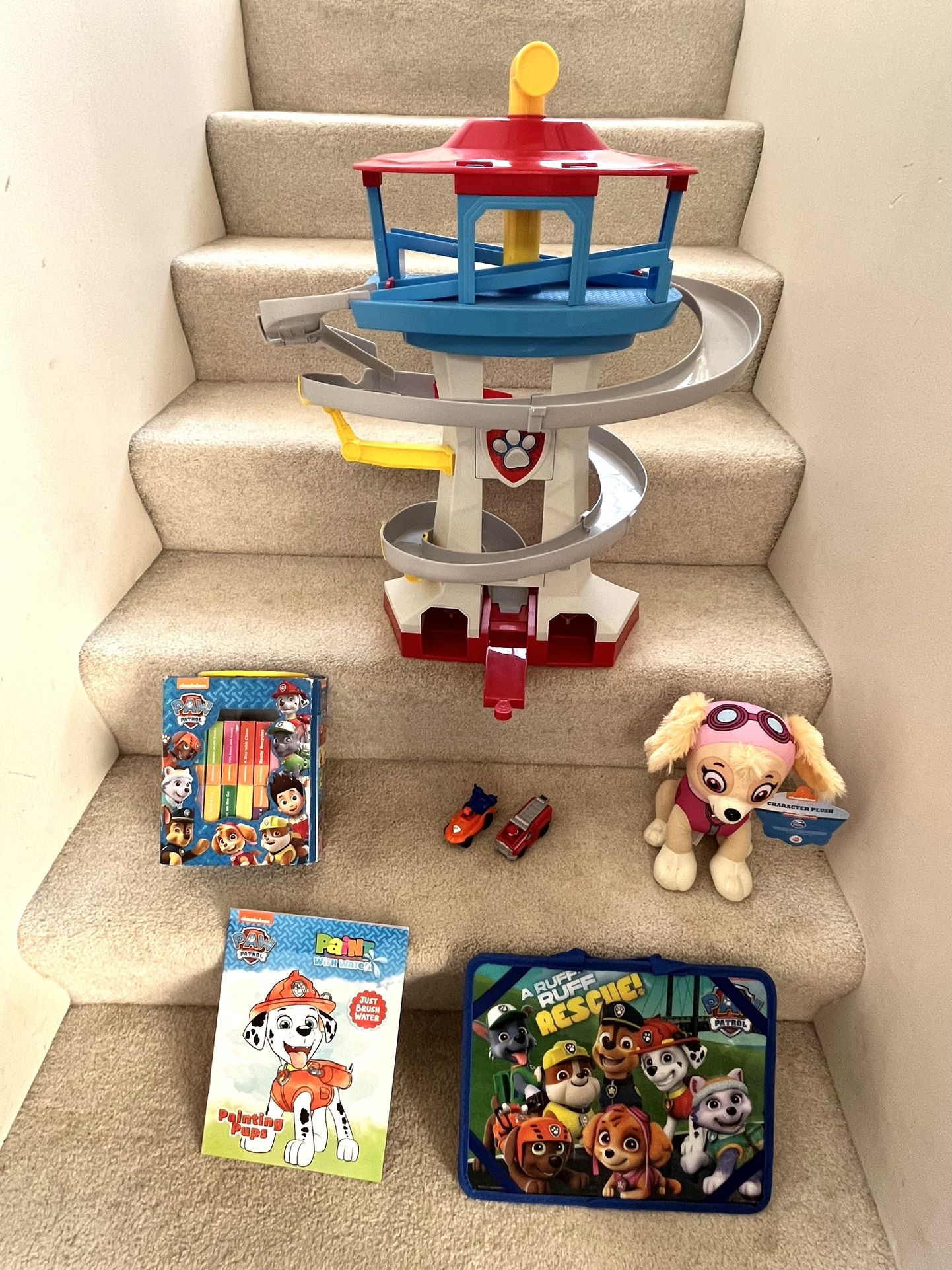 Paw Patrol Tower With 2 Cars, Set Of Board Book, New Soft Skye, Lap Table, Coloring Book ($45)