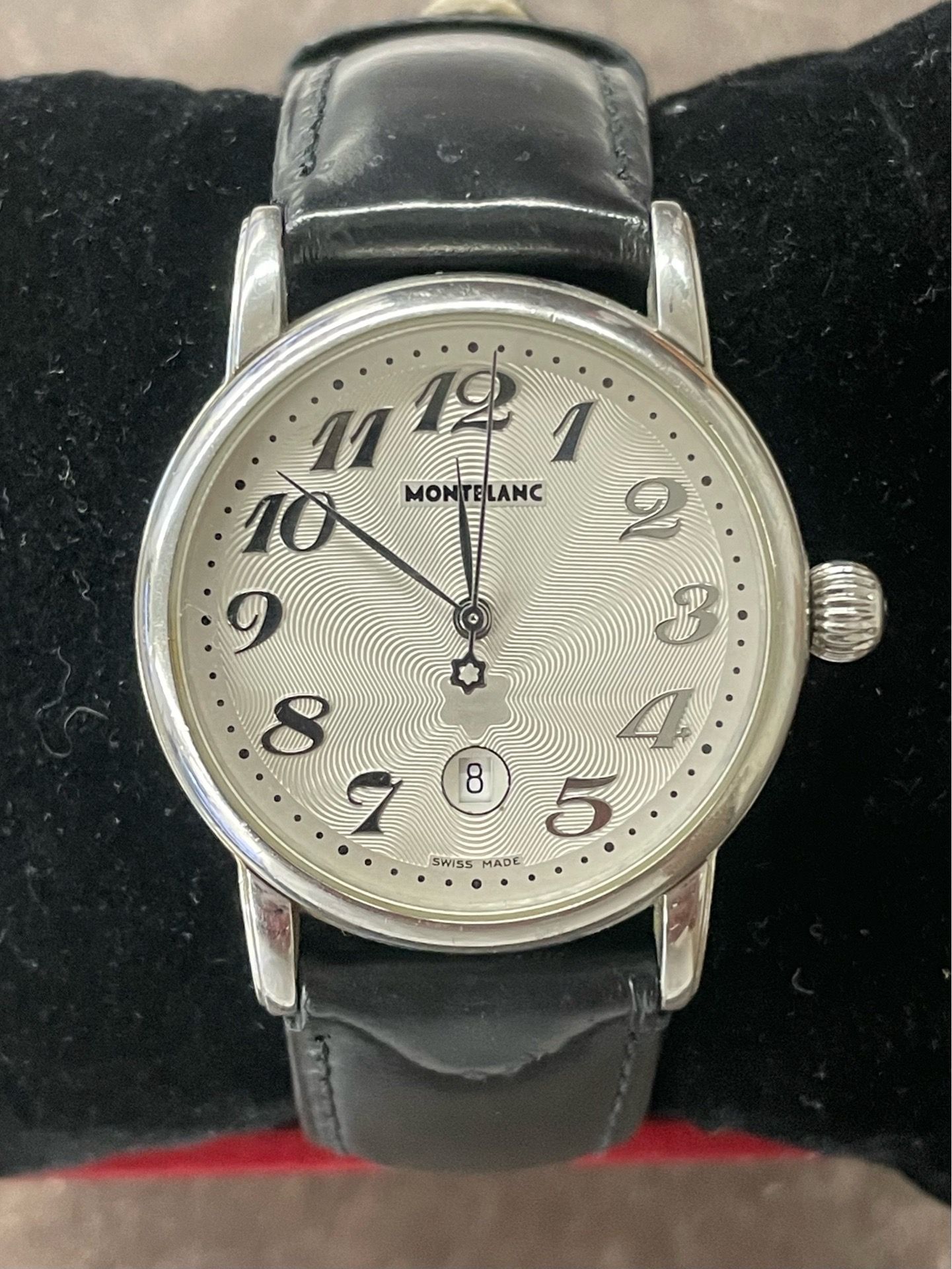 Montblanc Meisterstück 7020 Swiss Stainless Steel Watch Black Leather Band 32mm