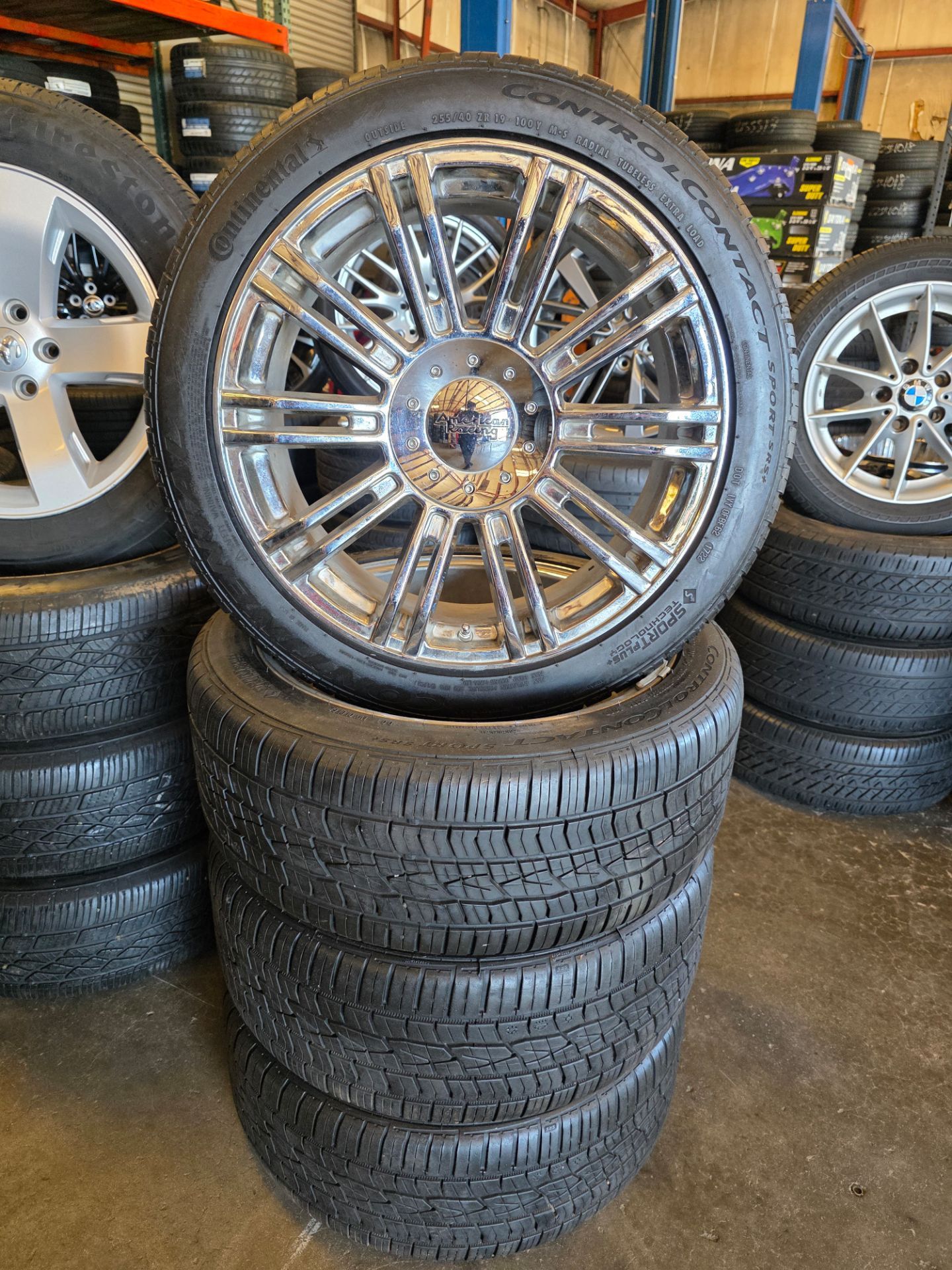 19 inch American racing chrome wheels and continental tire for sale 5×108