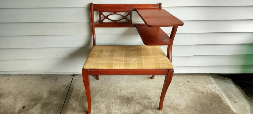 Antique wooden chair w desk table plaid cushion 