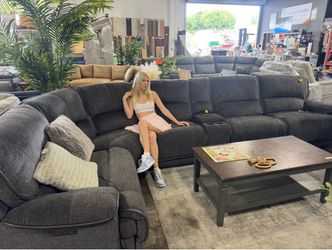 Fabric power reclining sectional couch in grey
