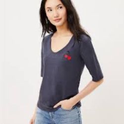 LOFT Cherry Embroidered Elbow Sleeve Tee S