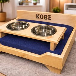 👉 “Handmade Dog Bed with Feeder – Wooden Modern Pet Bed” 	• $150 😉