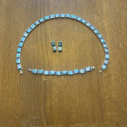 950 Sterling Silver Necklace Bracelet Earrings Set With Gem Stones Lapis Emerald