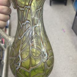 iridescent Art Nouveau glass vase, possibly produced by a Bohemian glassmaker such as Loetz or Pallme-König around the early 20th century.  Pitcher