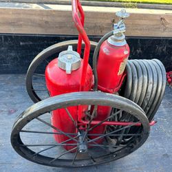 Vintage Red Chemical Fire Extinguishers On Wheels With Hose & Nozzle