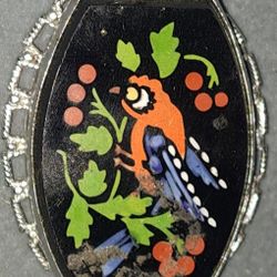 HandPainted Black Red Bird Berries Green Leaves Pendant