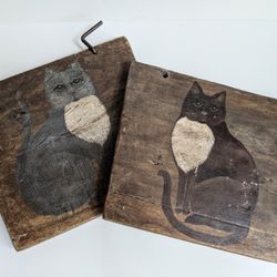 2 Antique Handcrafted Wood Plaques Gray & Black Cat