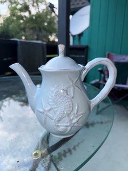 Blue Sky Tea Pot set, Seahorse and Seashell Menagerie Blue
