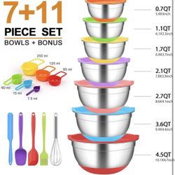 Stainless Steel Mixing Bowl Set w/ Lids & Utensils, New
