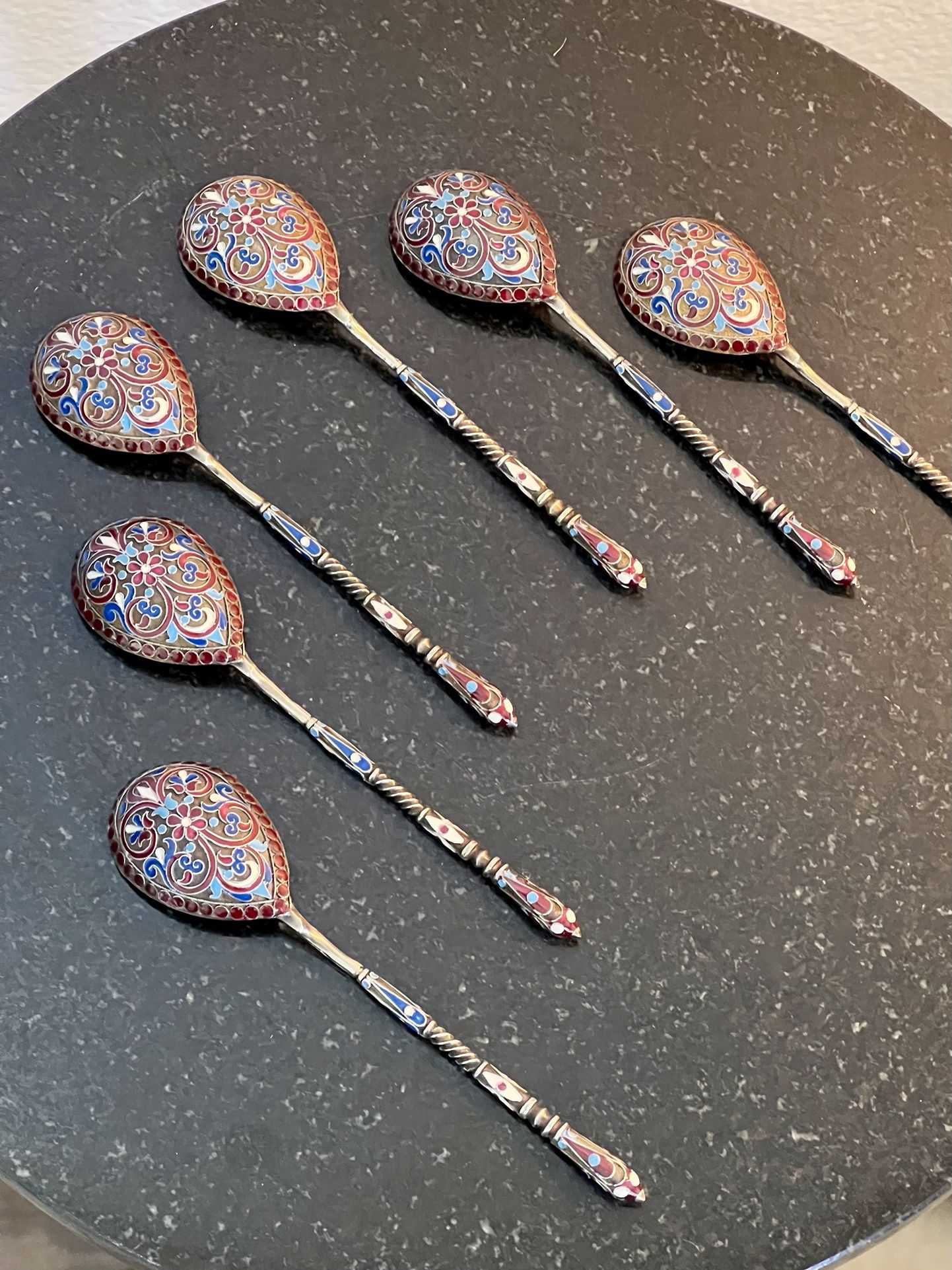 Antique Imperial Russian silver 84 cloisonne enamel 6 spoons in excellent condition.1884