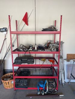 Red metal shelf 78” tall  48” long  24” wide